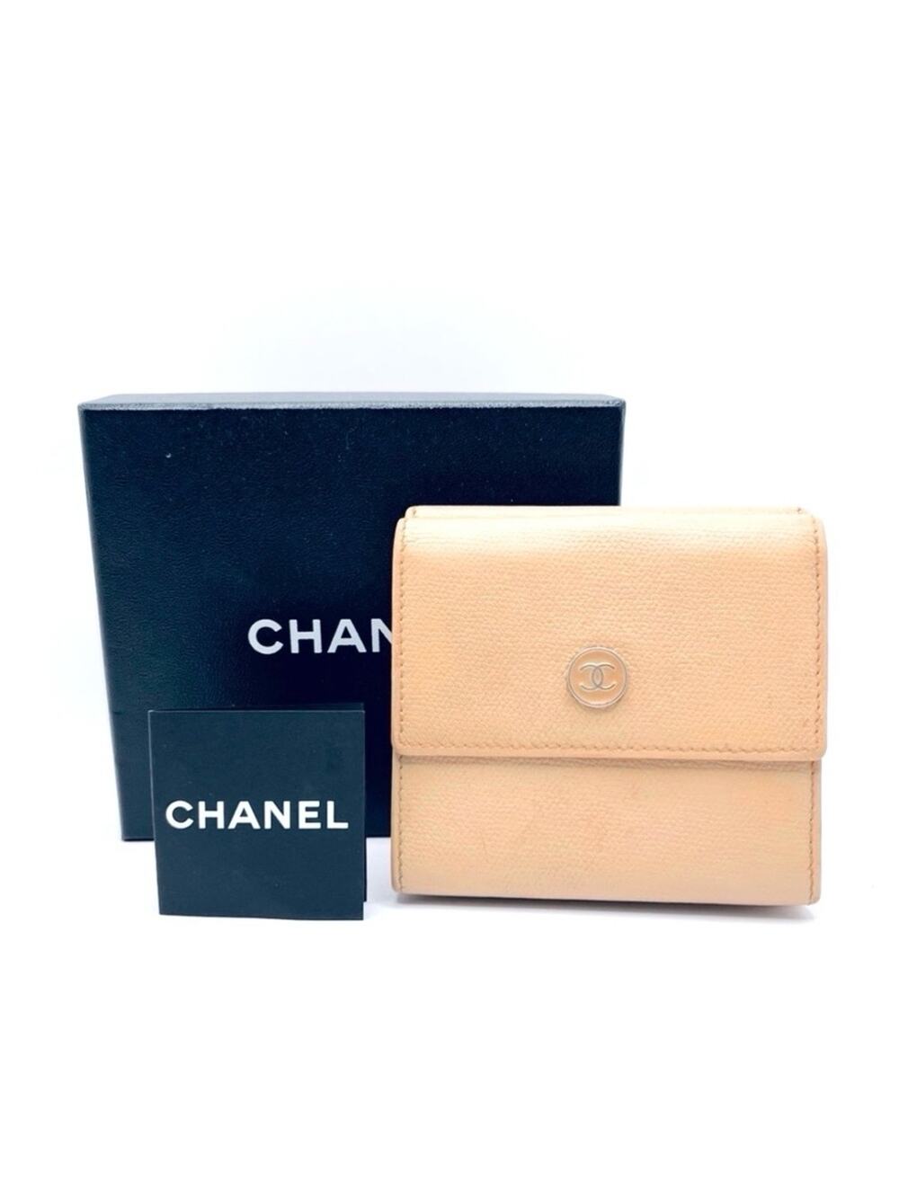 Authentic CHANEL COCO Double Sided Compact Beige Leather Wallet With Box
